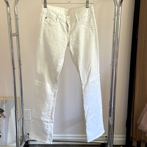 Hudson bootcut white jeans, size 28, 32” inseam, 8” front rise.